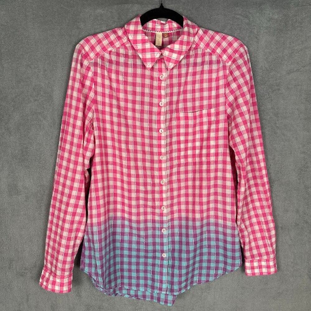 Anthropologie Pilcro Top Womens Small Pink Blue Plaid Ombre Relaxed Button Up - Picture 2 of 13